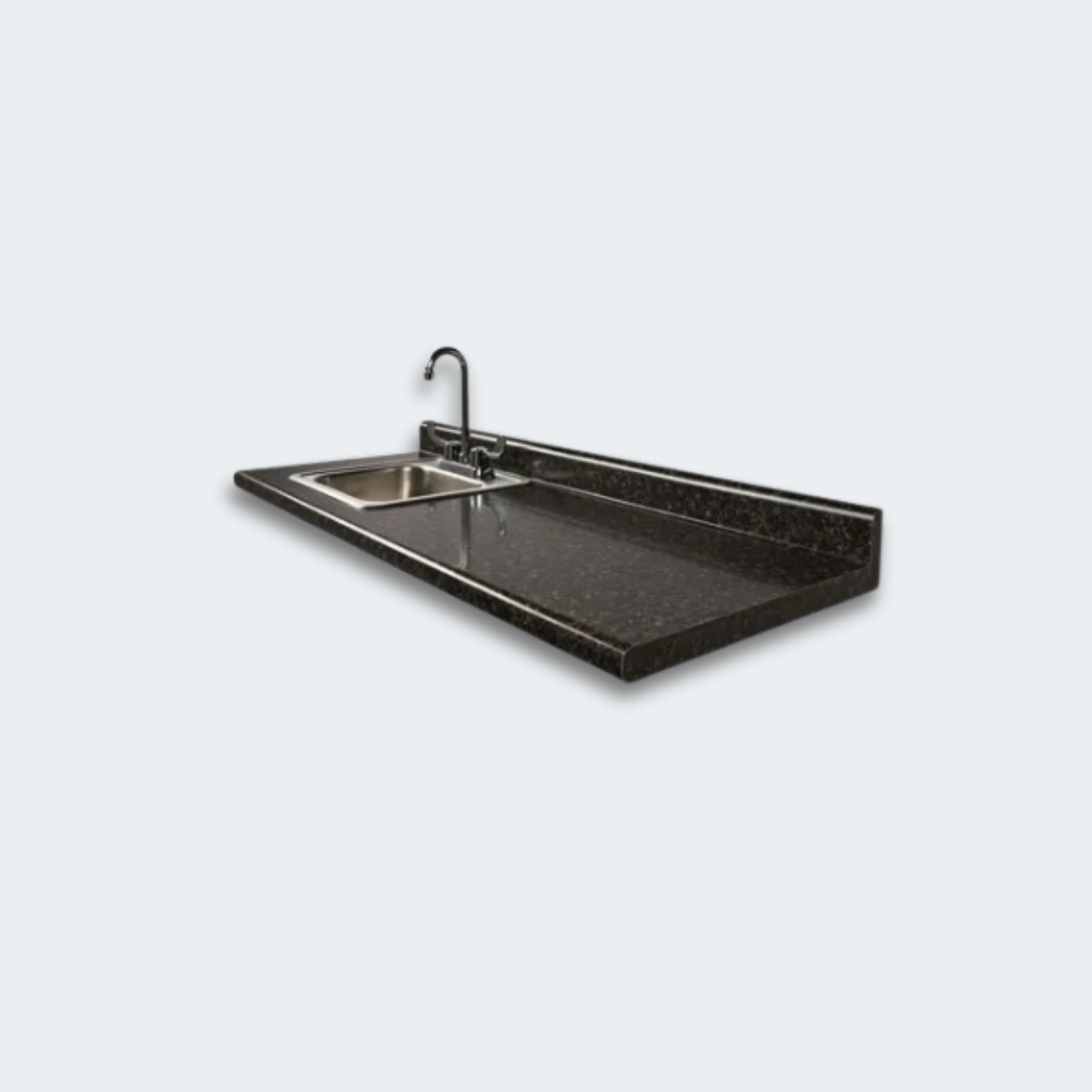 48" Postform Countertop
Postform laminate countertops offer a distinctive one-piece countertop that eliminates the seam between countertop surface, backsplash and front edge. Postform countertops look great, are very economical, durable and easy to clean.
A stainless steel sink and chrome, wing lever faucet is standard with all postform countertops. The faucet is 14.5” high with a 3” radius.