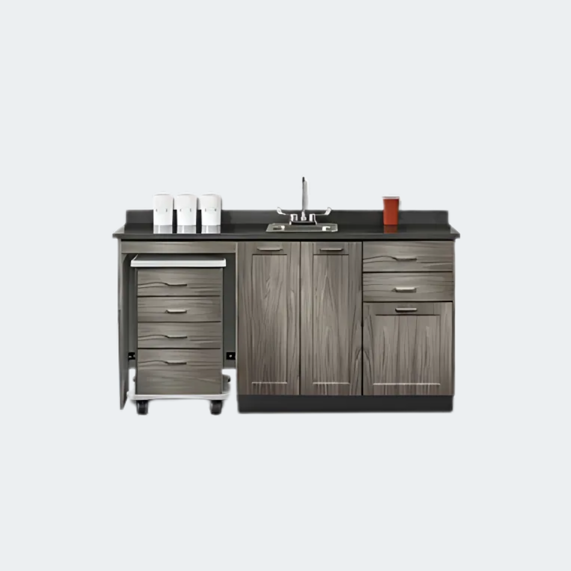 Base cabinet with 3 doors, 2 adjustable shelves, 2 drawers and cart-port
Durable, easy-clean, thermofoil surfaces
No front facing seams on Fashion Finish components
Unit is pre-assembled to save installation time
Fully adjustable, soft-close hinges
3.25" backsplash included with top
Matching Fashion Finish cart with 4-drawers, 3" swivel casters,
plastic bumper and one-piece, vacuum-formed, gray-haircell,
textured, top rimmed on all sides