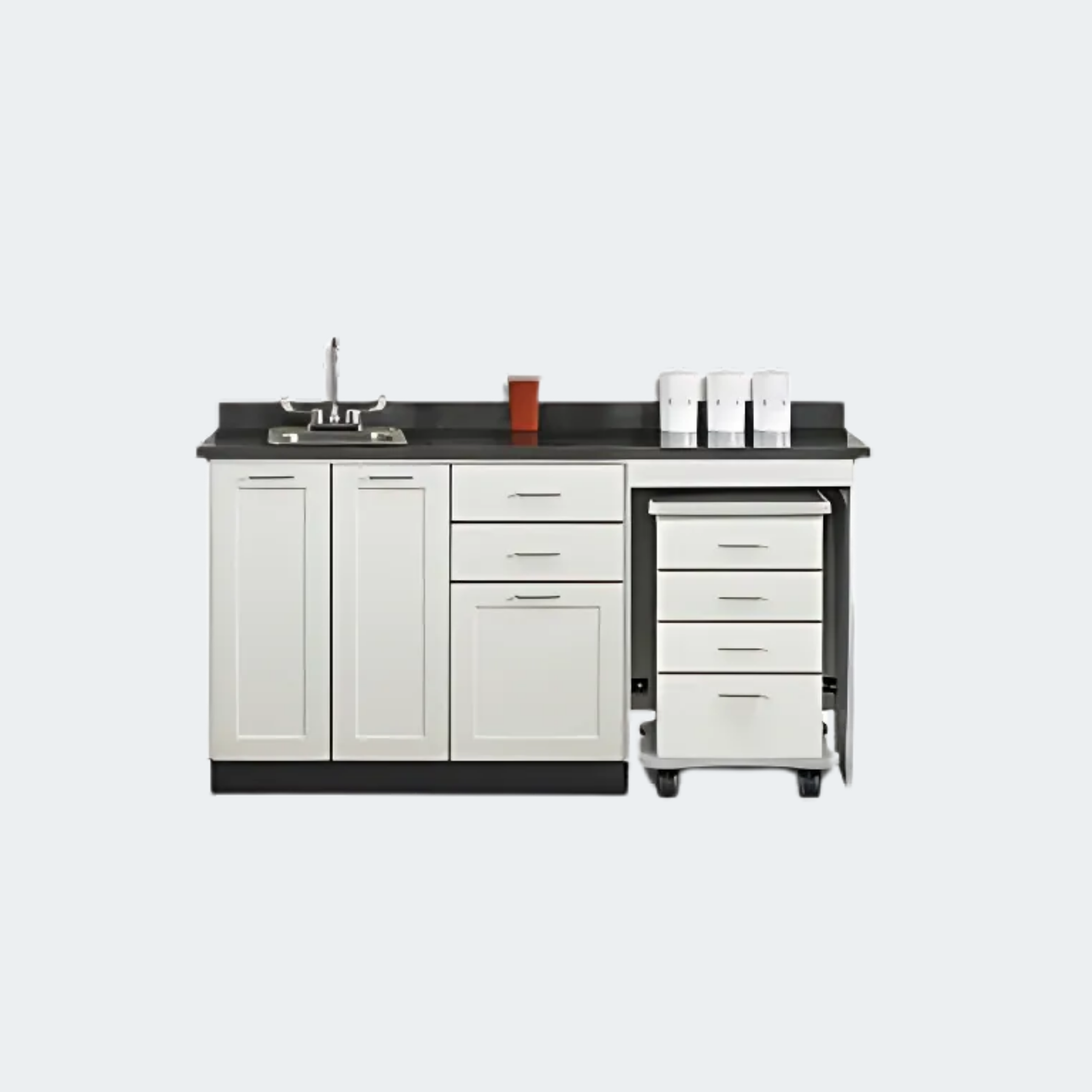 Base cabinet with 3 doors, 2 adjustable shelves, 2 drawers and cart-port
Durable, easy-clean, thermofoil surfaces
No front facing seams on Fashion Finish components
Unit is pre-assembled to save installation time
Fully adjustable, soft-close hinges
3.25" backsplash included with top
Matching Fashion Finish cart with 4-drawers, 3" swivel casters,
plastic bumper and one-piece, vacuum-formed, gray-haircell,
textured, top rimmed on all sides