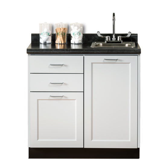 36" Fashion Finish, Base Cabinet with 2 Doors and 2 Drawers and 42" Postform countertop with top mount sink and duel lever faucet