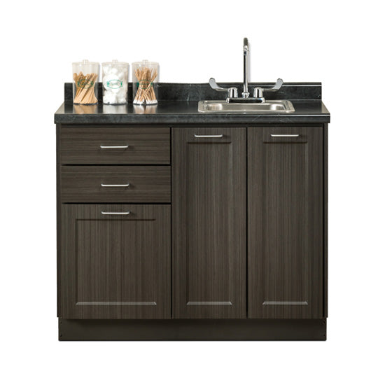 42" Fashion Finish, Base Cabinet with 3 Doors and 2 Drawers and 42" Postform countertop with top mount sink and duel lever faucet