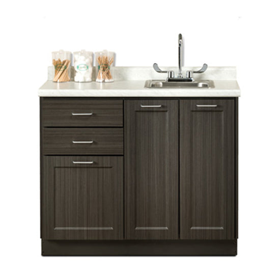 42" Fashion Finish, Base Cabinet with 3 Doors and 2 Drawers and 42" Postform countertop with top mount sink and duel lever faucet