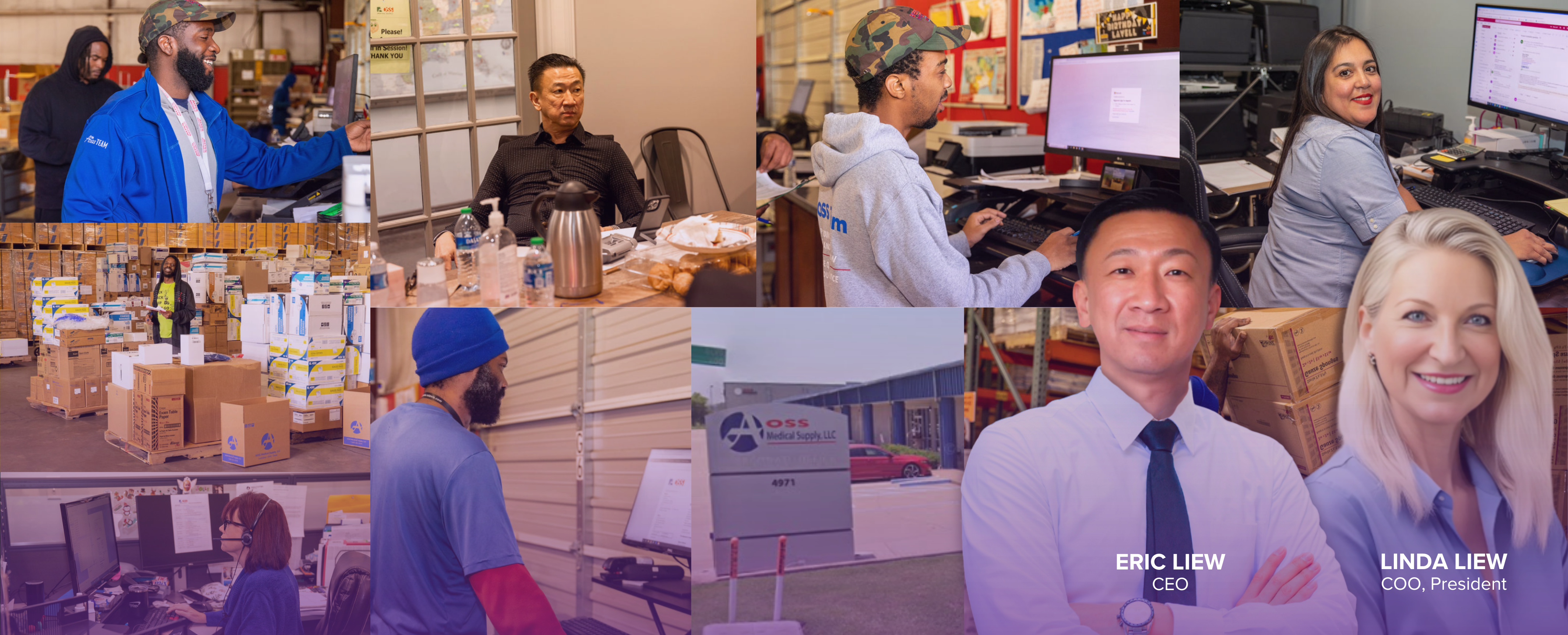 A collage banner for AOSS Medical Supply, a company specializing in medical supplies and equipment. The image features various employees in their daily operations, including warehouse staff handling diverse medical products, office personnel managing logistics, and leadership figures CEO Eric Liew and COO/President Linda Liew. The company's branded building exterior is also visible, showcasing their commitment to providing comprehensive medical supply solutions.