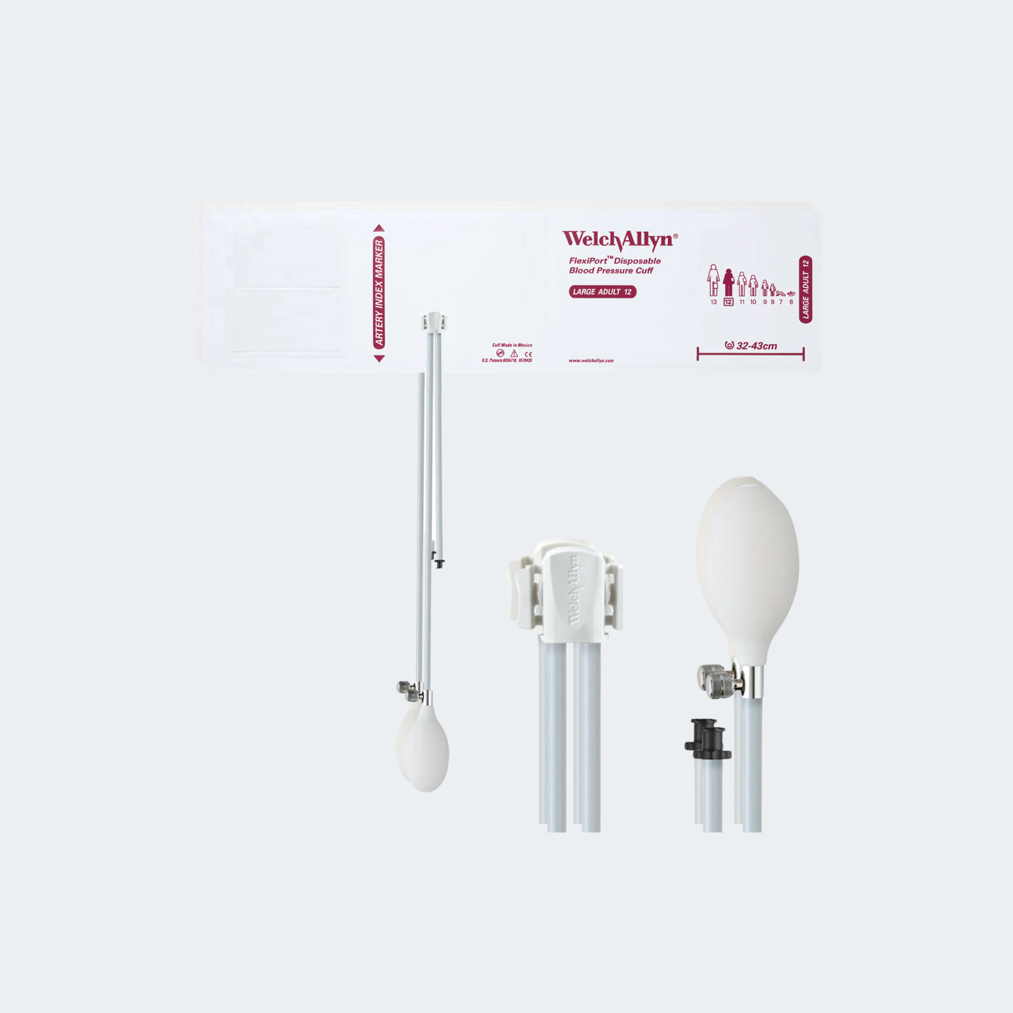 Welch Allyn FlexiPort Blood Pressure Cuff; Size-12 Large Adult, Soft Disposable, 2-Tubes (8.0 and 13.0 in/20.3 and 33.0 cm), Tri-Purpose (#5082-168) Connector and Inflation Bulb and Valve; with Inflation Bulb and Valve; Qty. 20
