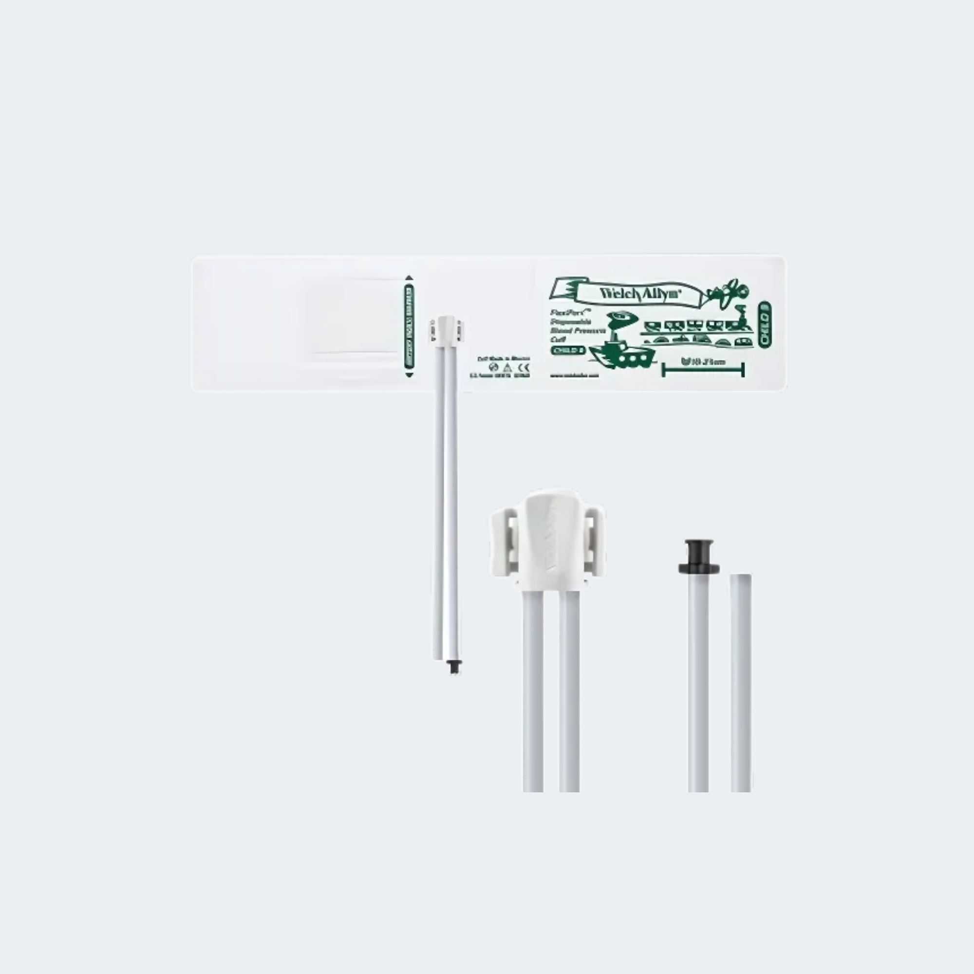 Welch Allyn FlexiPort Blood Pressure Cuff; Size-09 Child, Soft Disposable, 2-Tubes (8.0 and 13.0 in/20.3 and 33.0 cm), Tri-Purpose ( #5082-168) Connectors