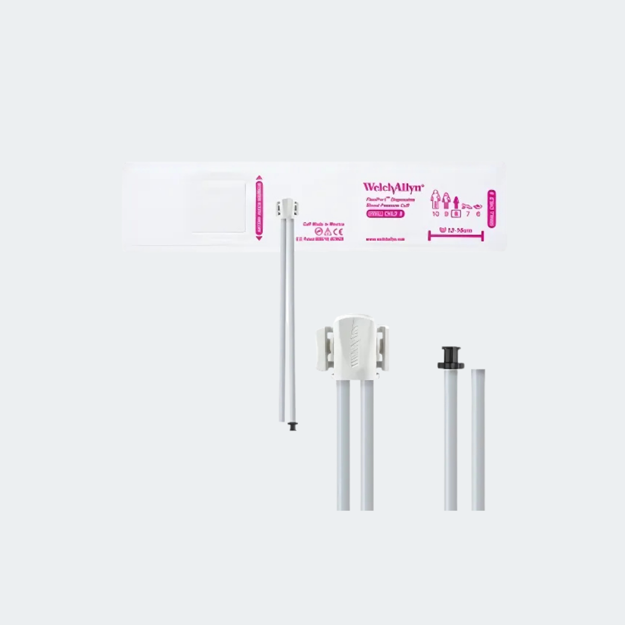 Welch Allyn FlexiPort Blood Pressure Cuff; Size-08 Small Child, Soft Disposable, 2-Tubes (8.0 and 13.0 in/20.3 and 33.0 cm), Tri-Purpose (#5082-168) Connectors