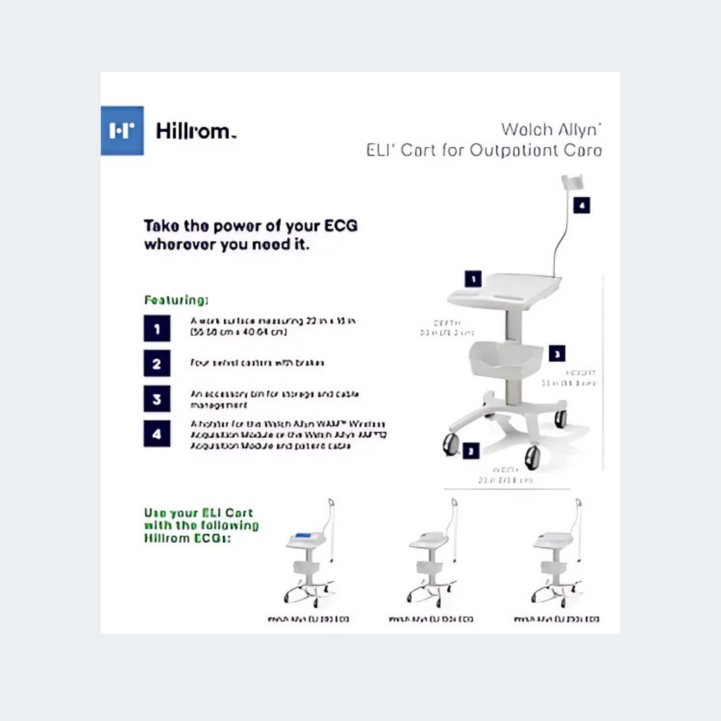 ELI® Cart for Outpatient Care, Work Surface 22" x 16", (4) Swivel Casters with Brakes, Accessory Bin, Holster for WAM™ or AM™12 Acquisition Module, to be used with ELI 280 ECG, ELI 150c ECG or 250c ECG (US Only)