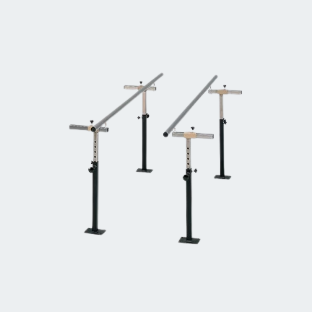 Parallel bars and uprights designed to mount directly to the floor
Width adjustable, 1-1/2" one-piece, stainless steel handrails
Heavy duty, square, telescoping, steel uprights