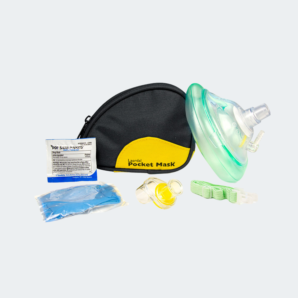 Laerdal Pocket Mask w/Oxygen Inlet & Head Strap w/Gloves in Black Soft Pack Part #: 83004133