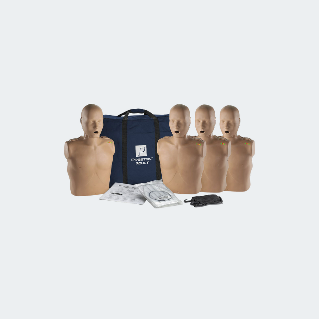 PRESTAN Professional Adult CPR Training Manikins 4-Pack (installed with Rate Monitor and Depth Clicker for CPR Feedback). Includes 50 Adult Face-Shield/Lung-Bags, an Instruction Sheet and Carry Bag.