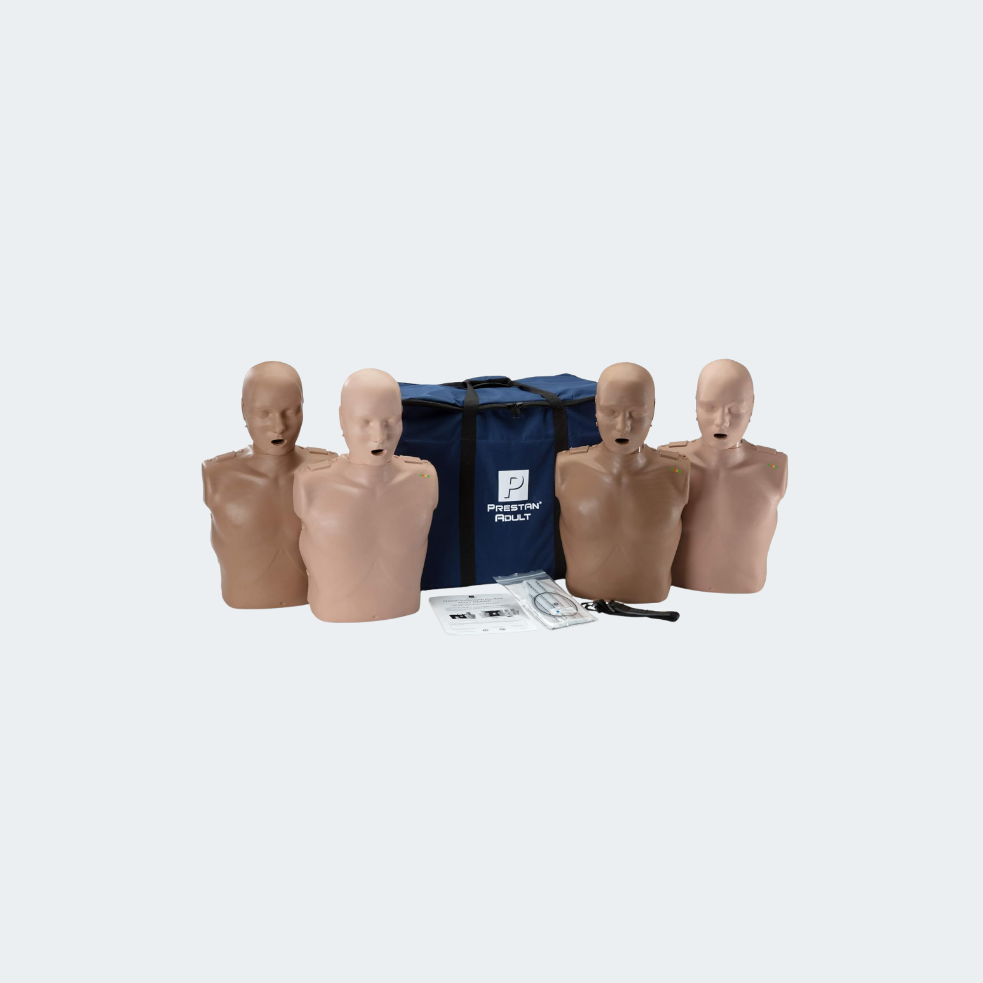 PRESTAN Professional Adult CPR Training Manikins 4-Pack (installed with Rate Monitor and Depth Clicker for CPR Feedback). Includes 50 Adult Face-Shield/Lung-Bags, an Instruction Sheet and Carry Bag.
