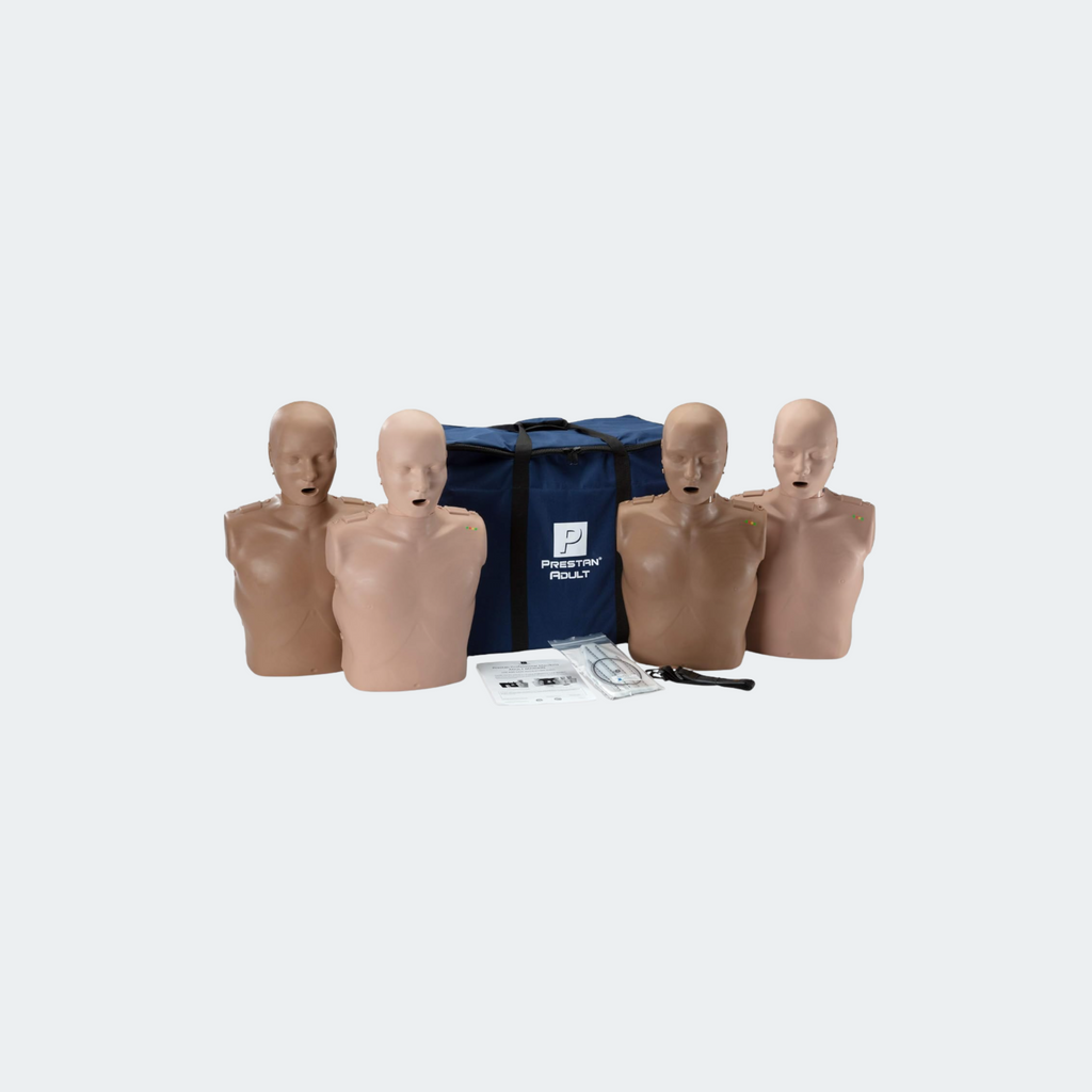PRESTAN Professional Adult CPR Training Manikins 4-Pack (installed with Rate Monitor and Depth Clicker for CPR Feedback). Includes 50 Adult Face-Shield/Lung-Bags, an Instruction Sheet and Carry Bag.
