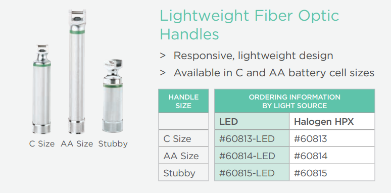 Laryngoscope Handle, Lightweight, For Fiber Optic Blades, LED, 2.5V Size-C(US Only)