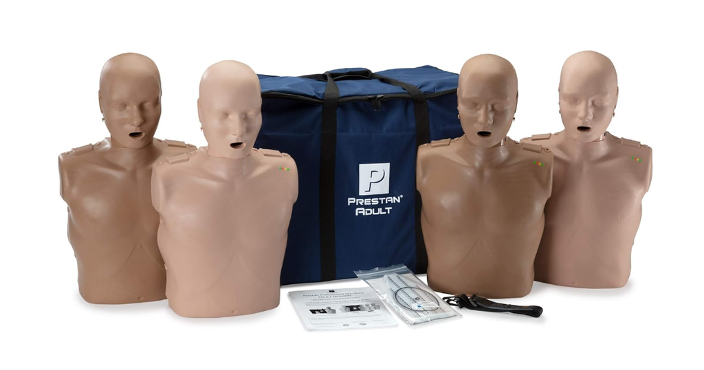PRESTAN Professional Adult  CPR Training Manikins 4-Pack (installed with Rate Monitor and Depth Clicker for CPR Feedback). Includes 50 Adult Face-Shield/Lung-Bags, an Instruction Sheet and Carry Bag.