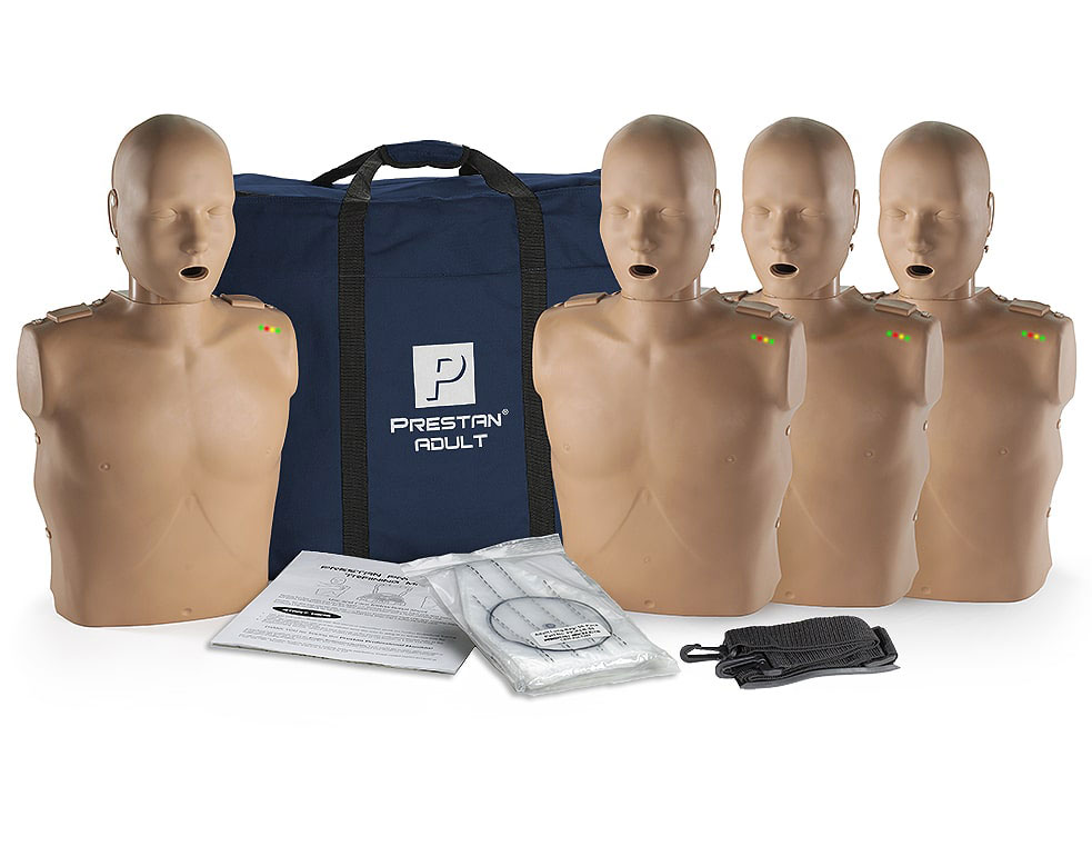 PRESTAN Professional Adult CPR Training Manikins 4-Pack | Includes Rate Monitor, Depth Clicker, 50 Adult Face-Shield/Lung Bags, Instruction Sheet & Carry Bag