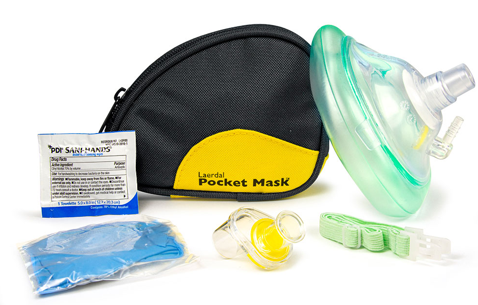 Laerdal Pocket Mask w/Oxygen Inlet & Head Strap w/Gloves in Black Soft Pack Part #: 83004133
