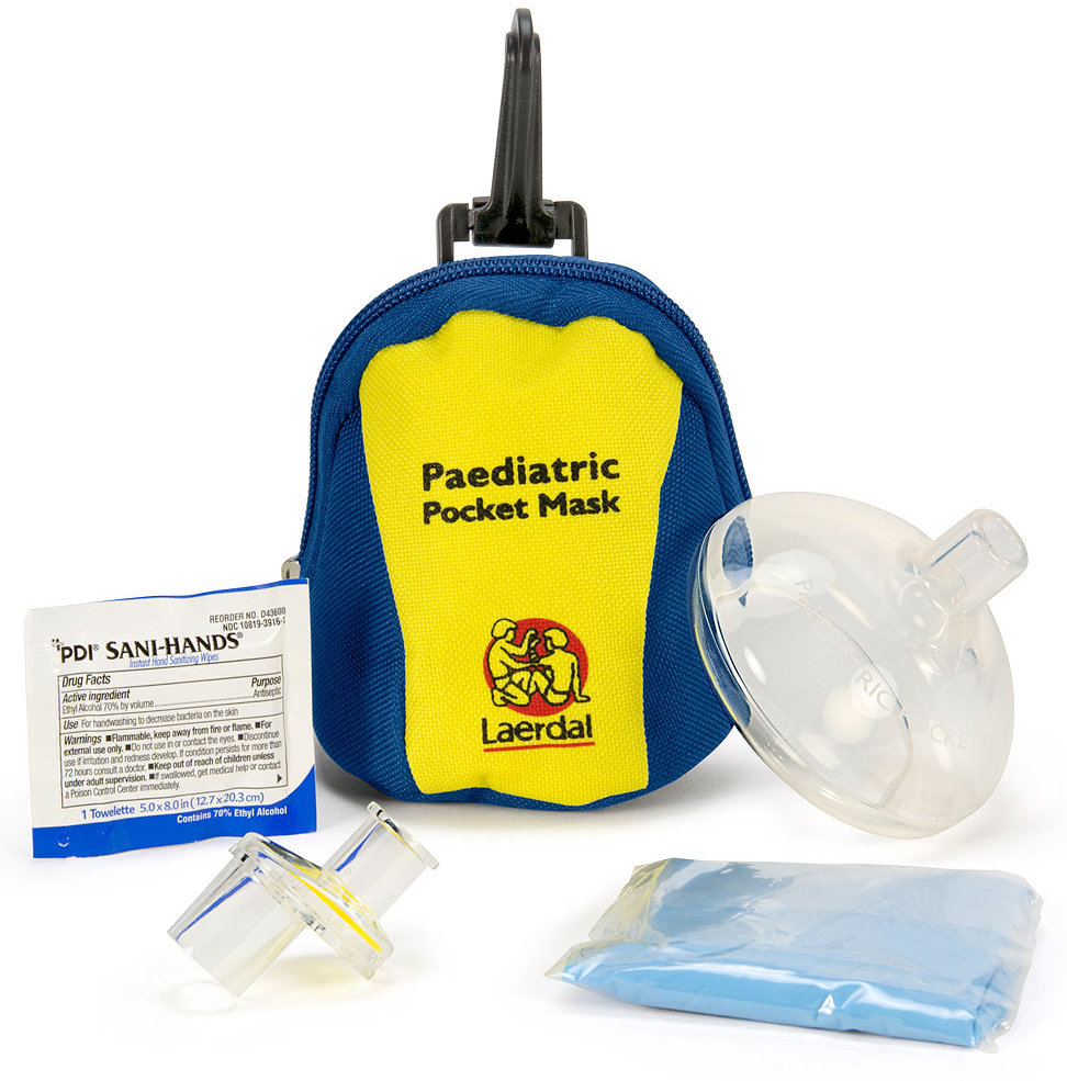 Laerdal Pediatric Pocket Mask w/Gloves and Wipe in Blue/Yellow Soft Pack Part #: 820050