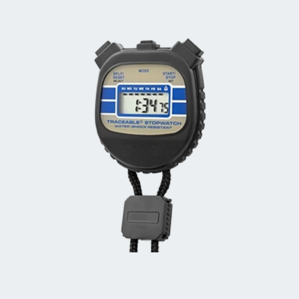 Traceable® Water-/Shock-Resistant Stopwatch, Timing Range: 24 Hours, Dimensions: 2-1/8 x 2-3/8 x 1/2-Inch, NIST Traceable
