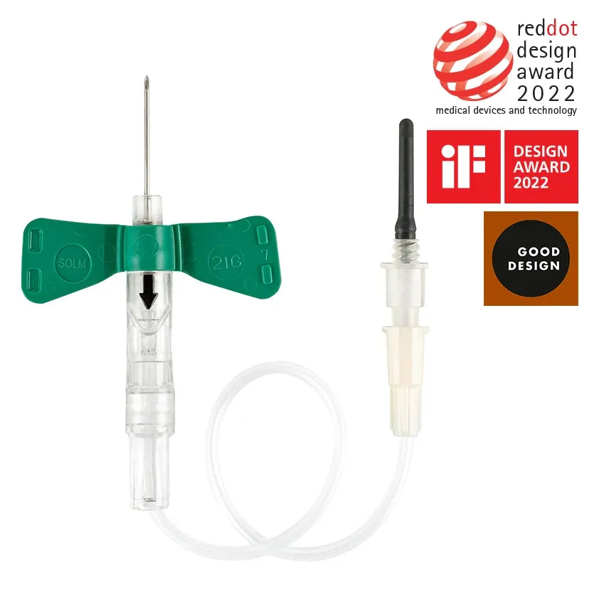 Sol-Guard Safety Pull-Button Blood Collection Needle 25G x 3/4" w/ 12" tubing with pre-attached holder SKU:PBLA2512