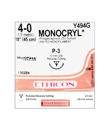 Suture with Needle Monocryl&trade; Absorbable Uncoated Undyed Suture Monofilament Poliglecaprone Size 4-0 18 Inch Suture 1-Needle 16 mm Length 1/2 Circle Precision Cosmetic - Conventional Cutting PRIME NeedleEthiconSutureAOSS Medical Supply